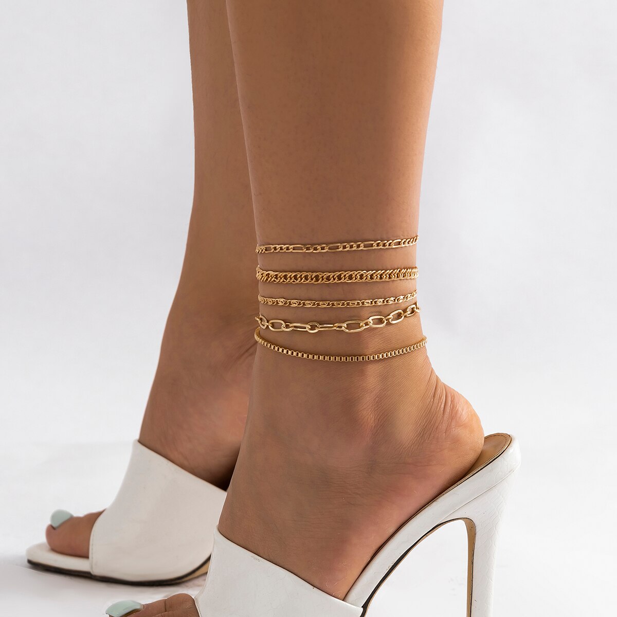 IngeSight.Z 5Pcs/Set Punk Cuban Metal Chain High Heel Anklets for Women Men Vintage Hip Hop Gold Color Beach Foot Jewelry Gift