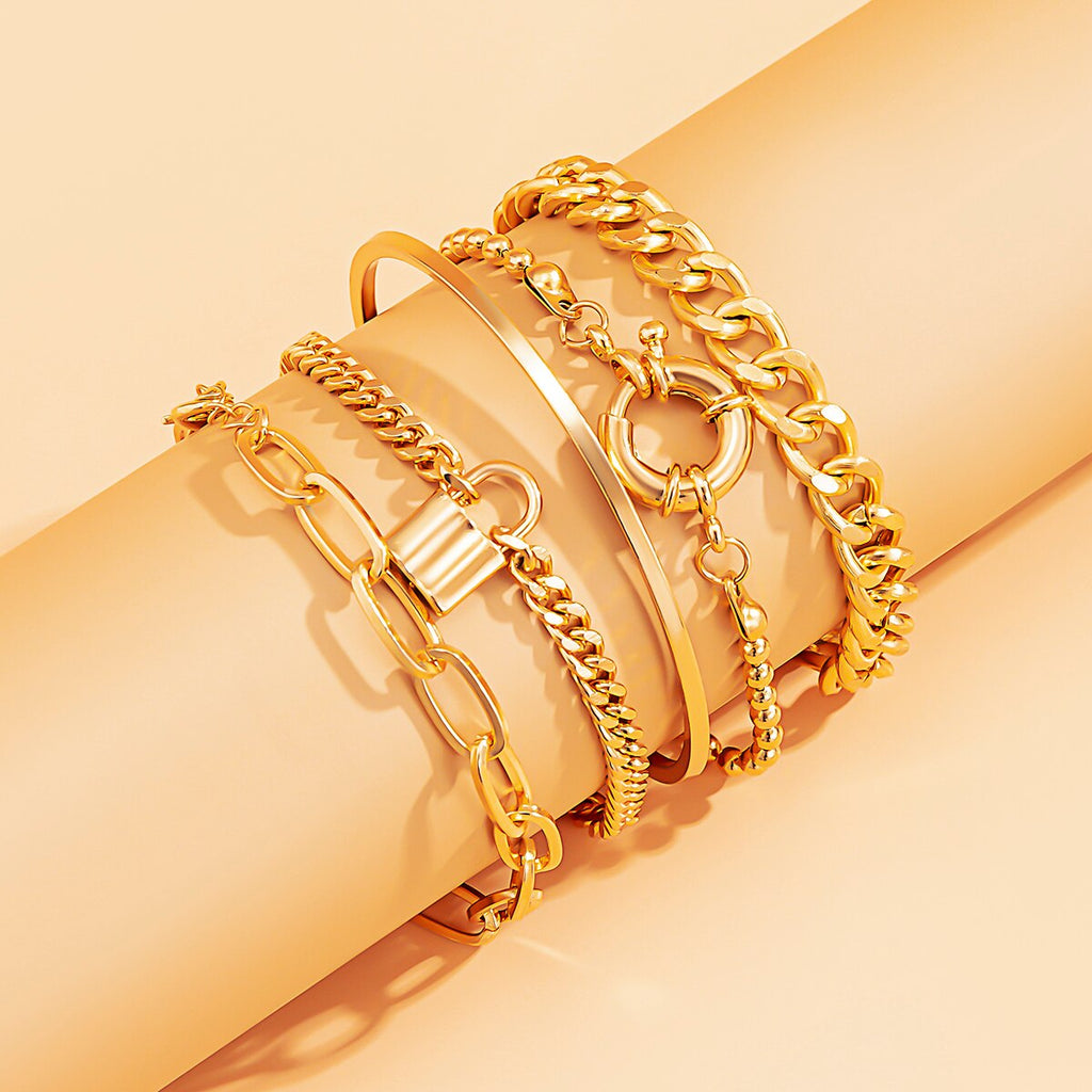 IngeSight.Z 5Pcs/Set Steampunk Lock Padlock Pendant Bracelets Bangles Vintage Bead Chain Curb Cuban Bracelet Women Wrist Jewelry
