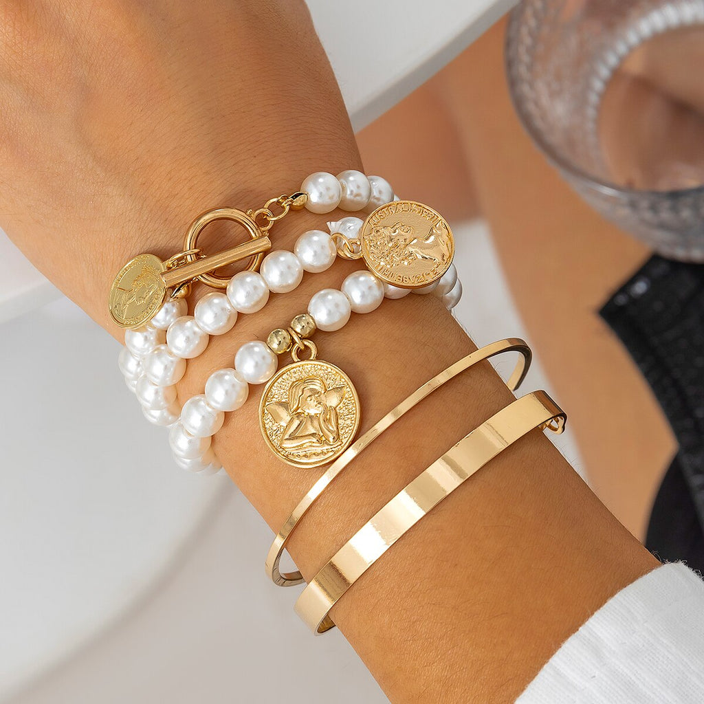 IngeSight.Z 5pcs/set Punk Cuban Chain Portrait Coin Pendant Bracelets For Women Vintage Imitation Pearls Bracelet Bangle Gift