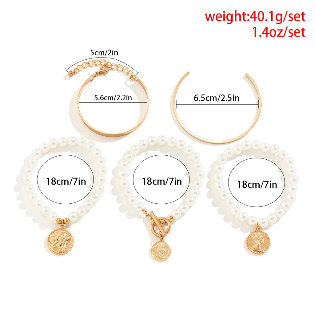 IngeSight.Z 5pcs/set Punk Cuban Chain Portrait Coin Pendant Bracelets For Women Vintage Imitation Pearls Bracelet Bangle Gift
