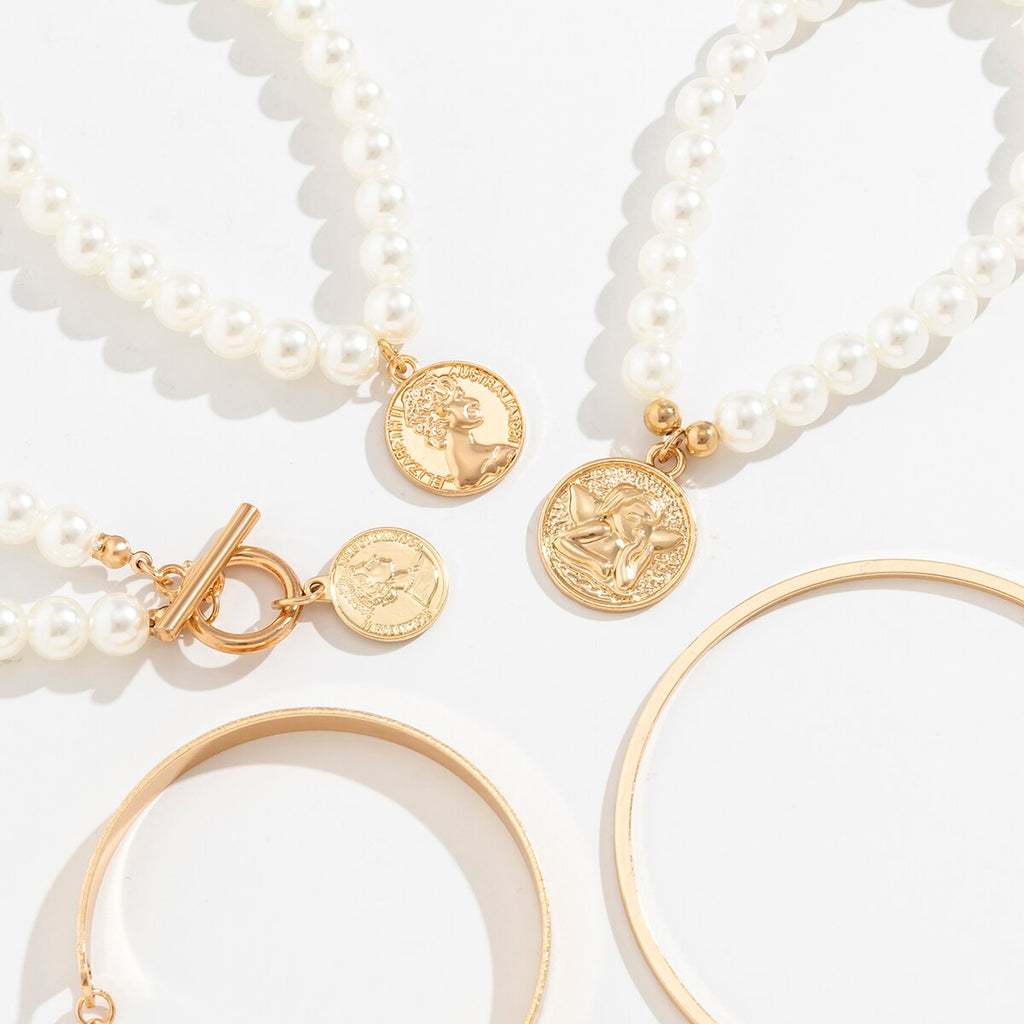 IngeSight.Z 5pcs/set Punk Cuban Chain Portrait Coin Pendant Bracelets For Women Vintage Imitation Pearls Bracelet Bangle Gift