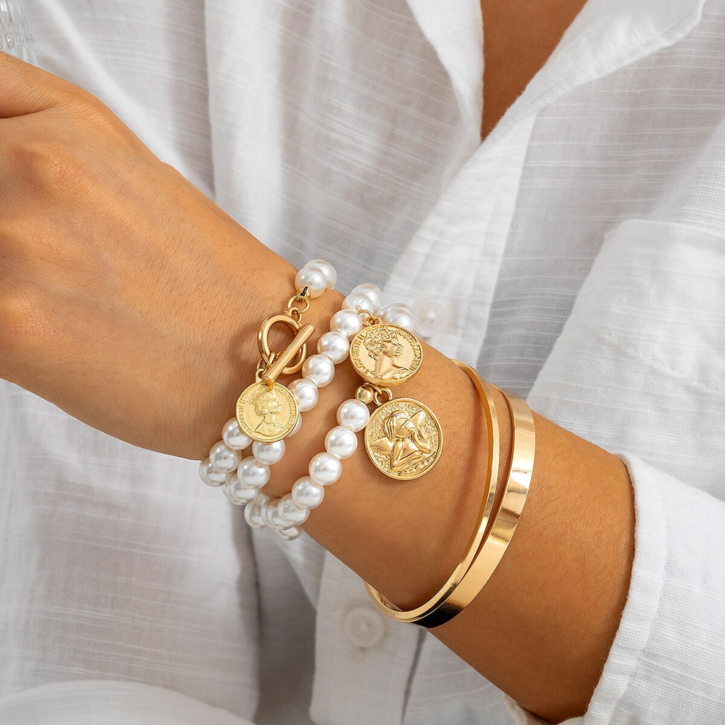 IngeSight.Z 5pcs/set Punk Cuban Chain Portrait Coin Pendant Bracelets For Women Vintage Imitation Pearls Bracelet Bangle Gift