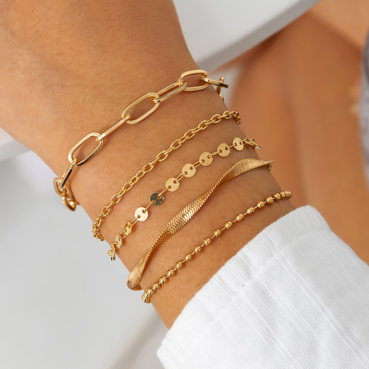 IngeSight.Z 5pcs/set Punk Disc Beads Flat Snake Chain Bracelets for Women Vintage Gold Color Charm Bracelets Bangles Jewelry