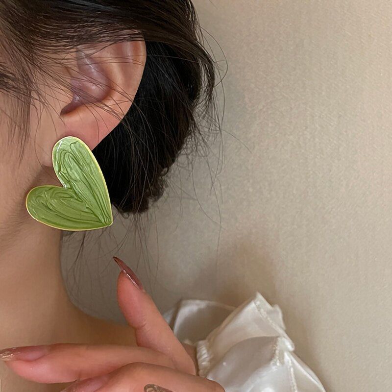 IngeSight.Z 7 Colors Big Love Heart Stud Earrings for Women Korean Statemen Green Geometric Piercing Earrings Jewelry Brincos