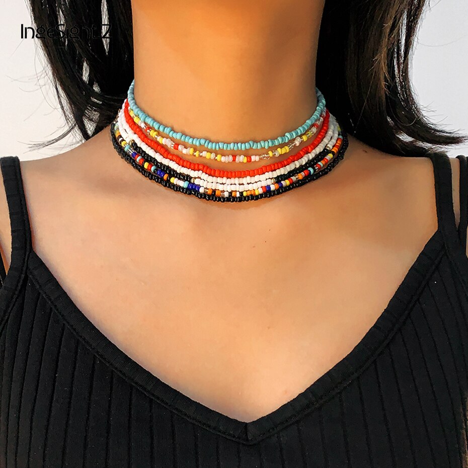 IngeSight.Z 7Pcs/Set Multi Layered Bohemian Rainbow Seed Bead Short Choker Necklace Collar Colorful Clavicle Necklaces Jewelry