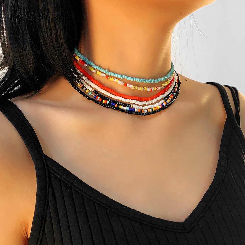 IngeSight.Z 7Pcs/Set Multi Layered Bohemian Rainbow Seed Bead Short Choker Necklace Collar Colorful Clavicle Necklaces Jewelry