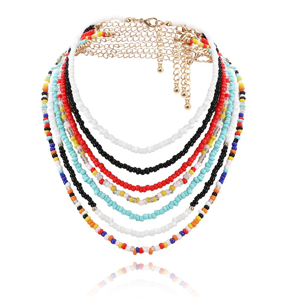 IngeSight.Z 7Pcs/Set Multi Layered Bohemian Rainbow Seed Bead Short Choker Necklace Collar Colorful Clavicle Necklaces Jewelry