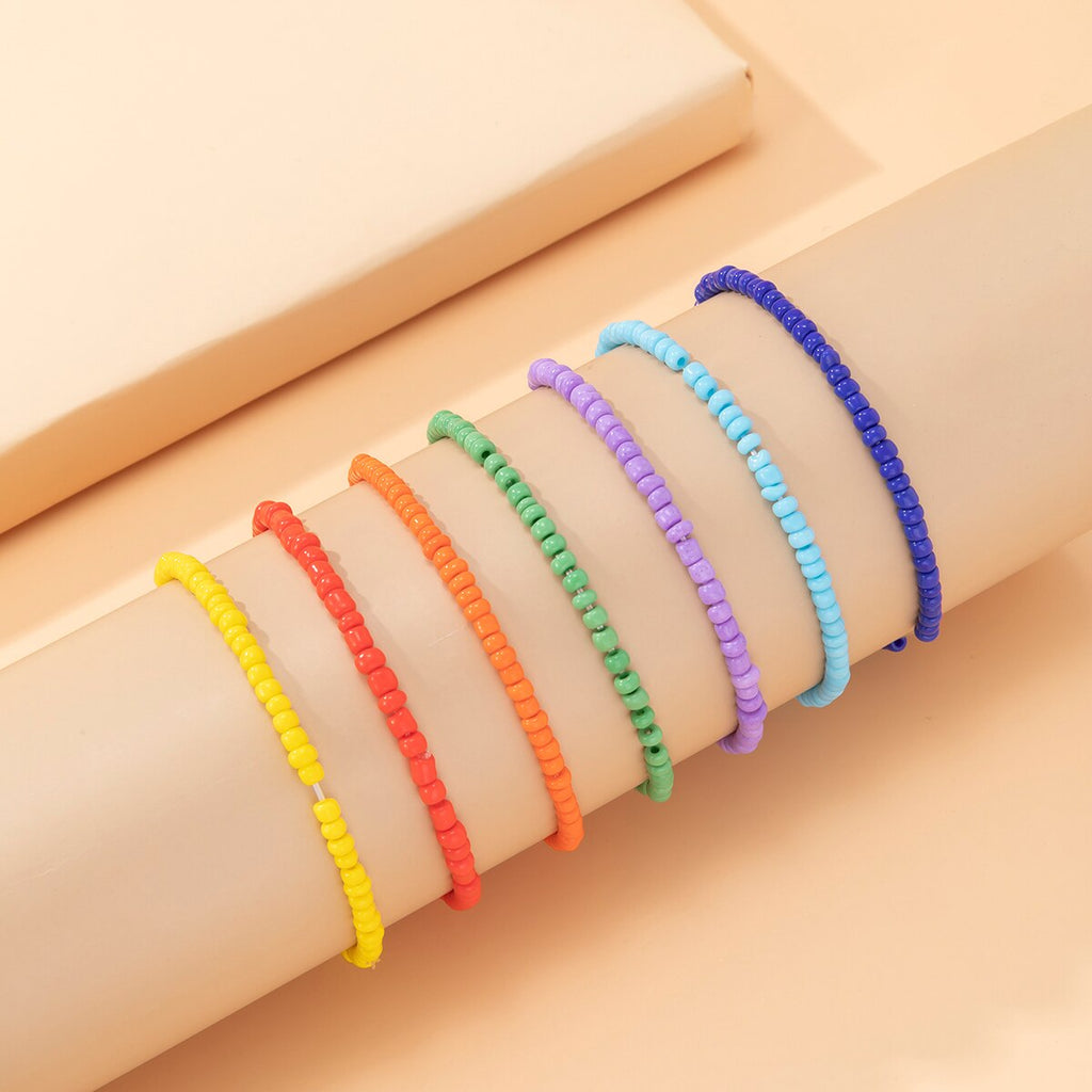 IngeSight.Z 7Pcs/Set Rainbow Beaded Anklet Bracelet for Women Adjustable Colorful Anklets Barefoot Sandals On Foot Ankle Jewelry