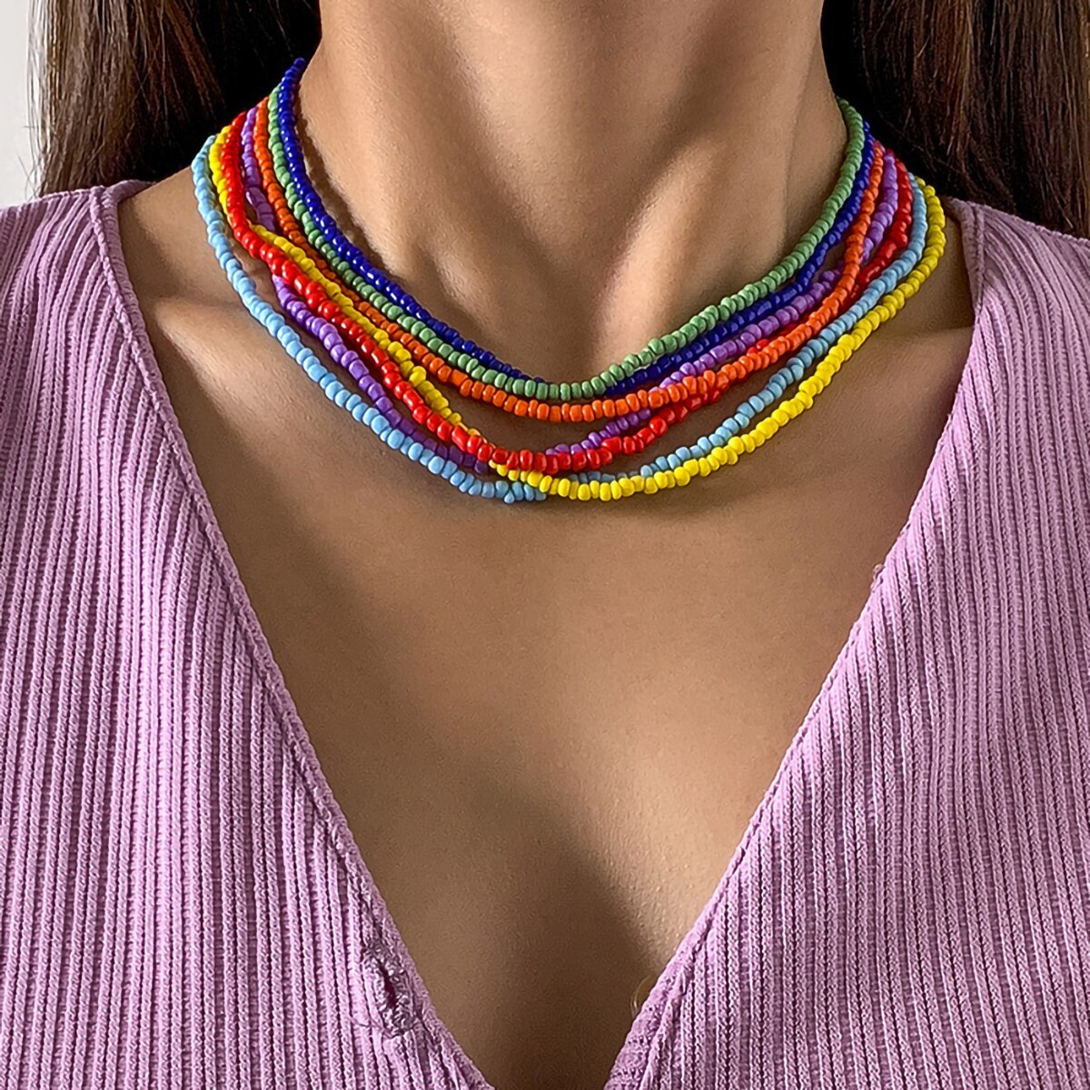 IngeSight.Z 7Pcs/Set Rainbow Colorful Beads Chain Choker Necklaces Bohemian Candy Color Short Collar Necklaces for Women Jewelry