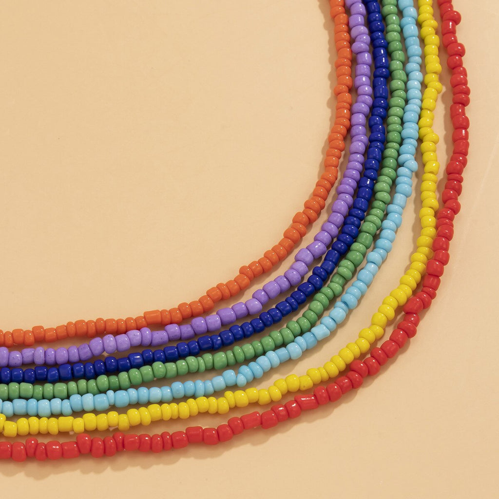 IngeSight.Z 7Pcs/Set Rainbow Colorful Beads Chain Choker Necklaces Bohemian Candy Color Short Collar Necklaces for Women Jewelry