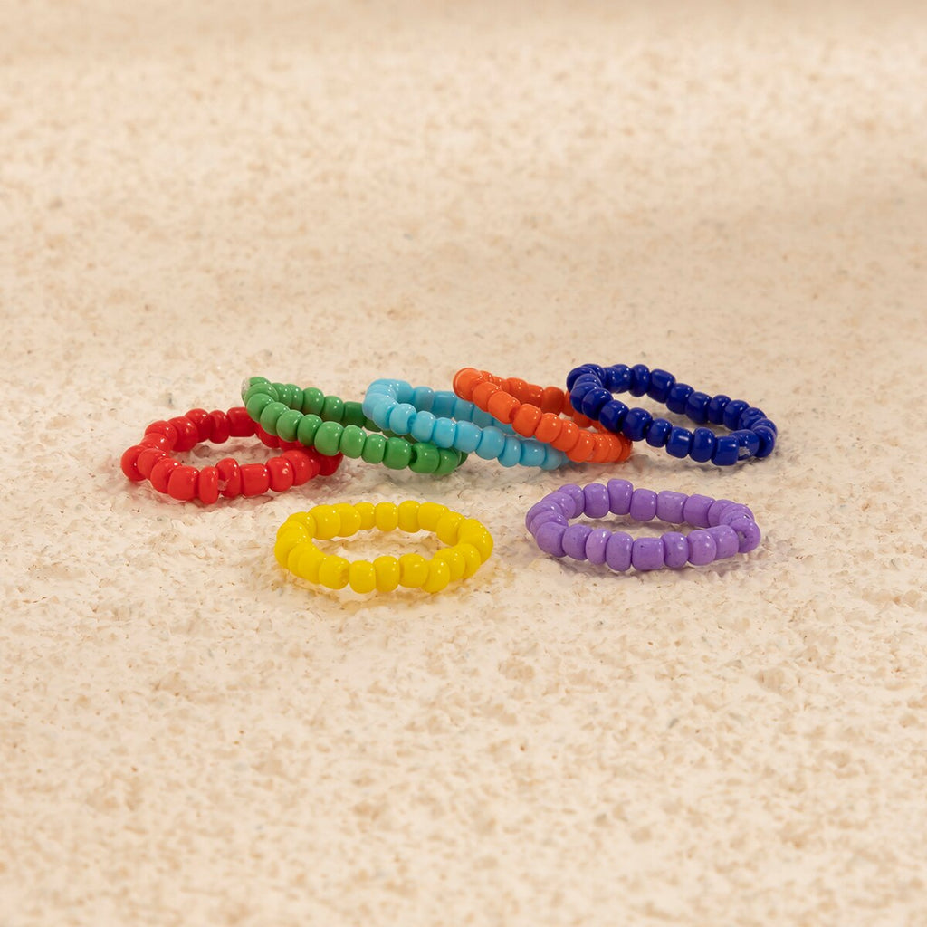 IngeSight.Z 7Pcs/Set Rainbow Colorful Seed Beaded Chain Rings for Women Girls Charm Elastic Finger Rings Jewelry Accessories