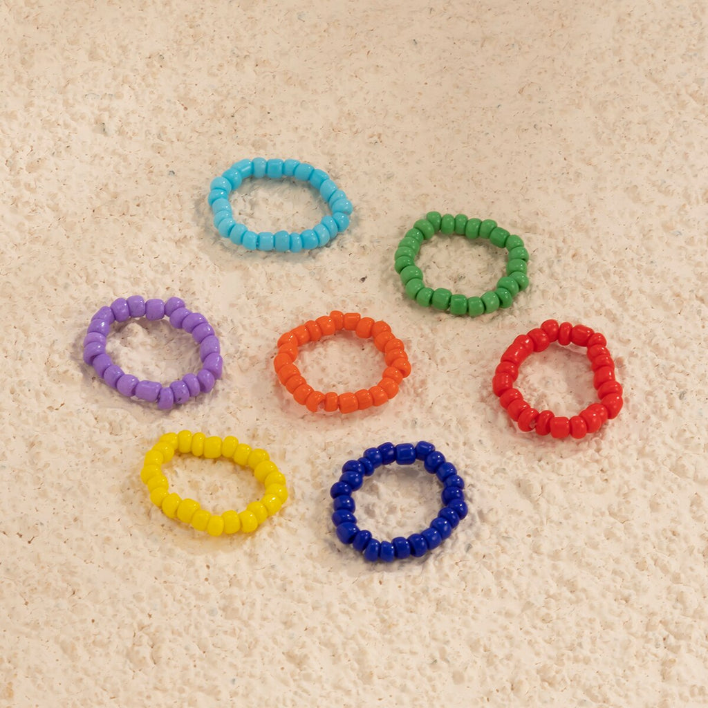 IngeSight.Z 7Pcs/Set Rainbow Colorful Seed Beaded Chain Rings for Women Girls Charm Elastic Finger Rings Jewelry Accessories