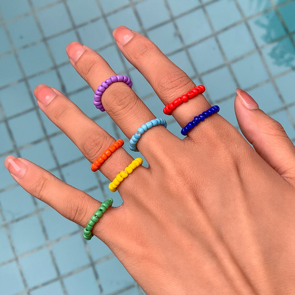 IngeSight.Z 7Pcs/Set Rainbow Colorful Seed Beaded Chain Rings for Women Girls Charm Elastic Finger Rings Jewelry Accessories