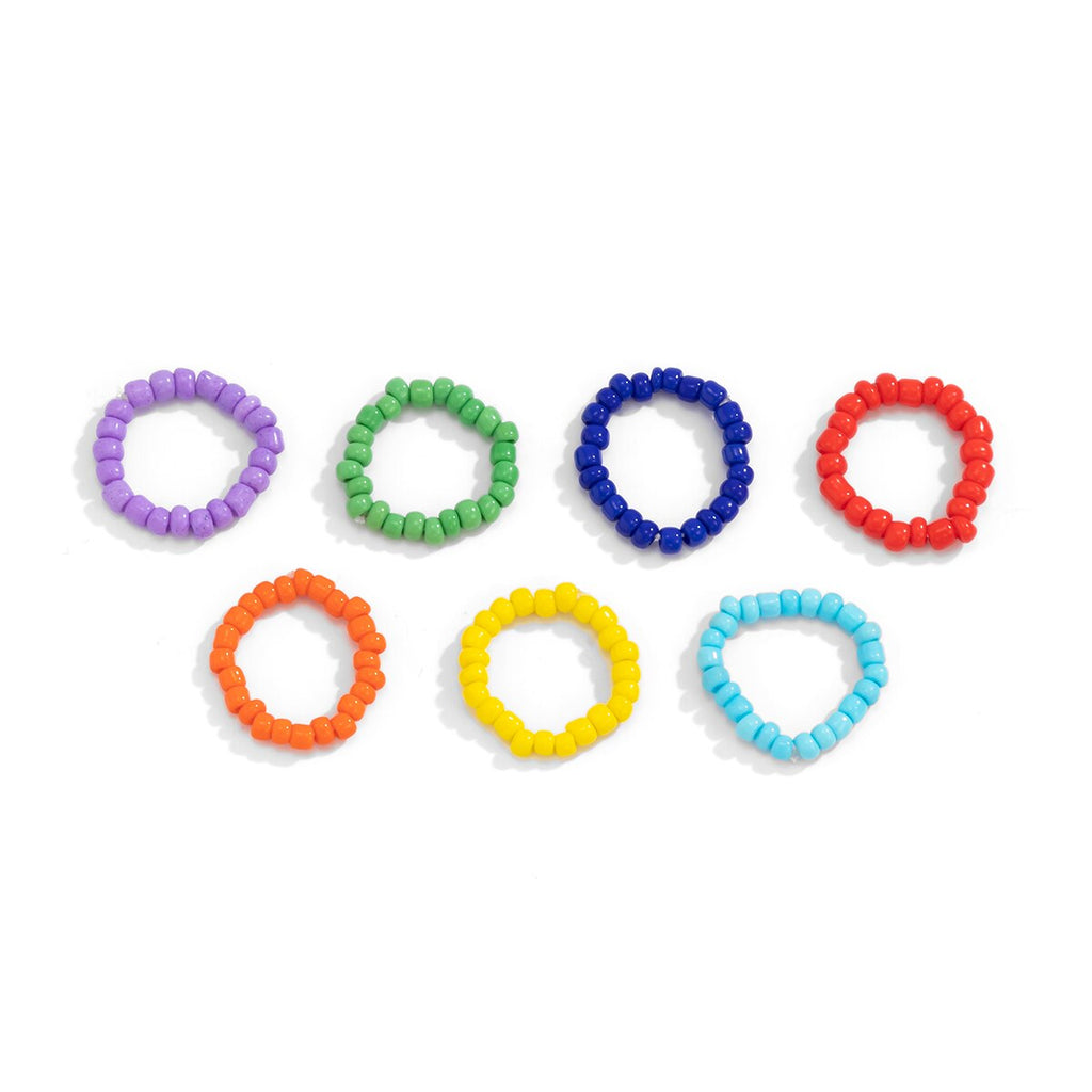 IngeSight.Z 7Pcs/Set Rainbow Colorful Seed Beaded Chain Rings for Women Girls Charm Elastic Finger Rings Jewelry Accessories