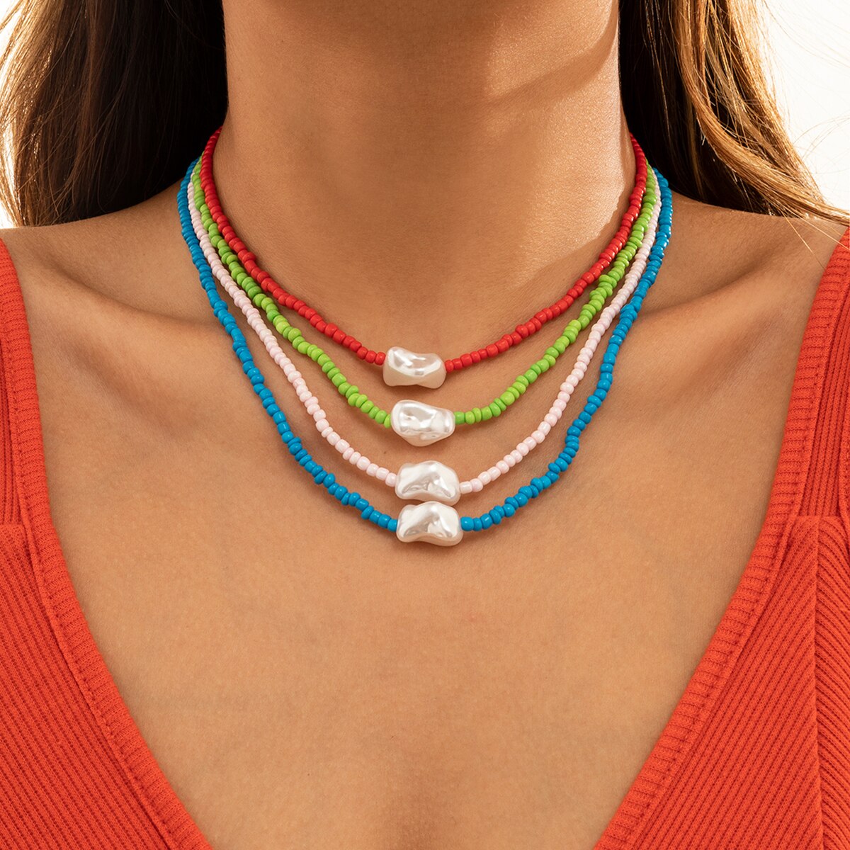 IngeSight.Z 9 Colors Rainbow Seed Beaded Short Choker Necklaces for Women Baroque Imitation Pearl Collar Necklaces Lover Jewelry