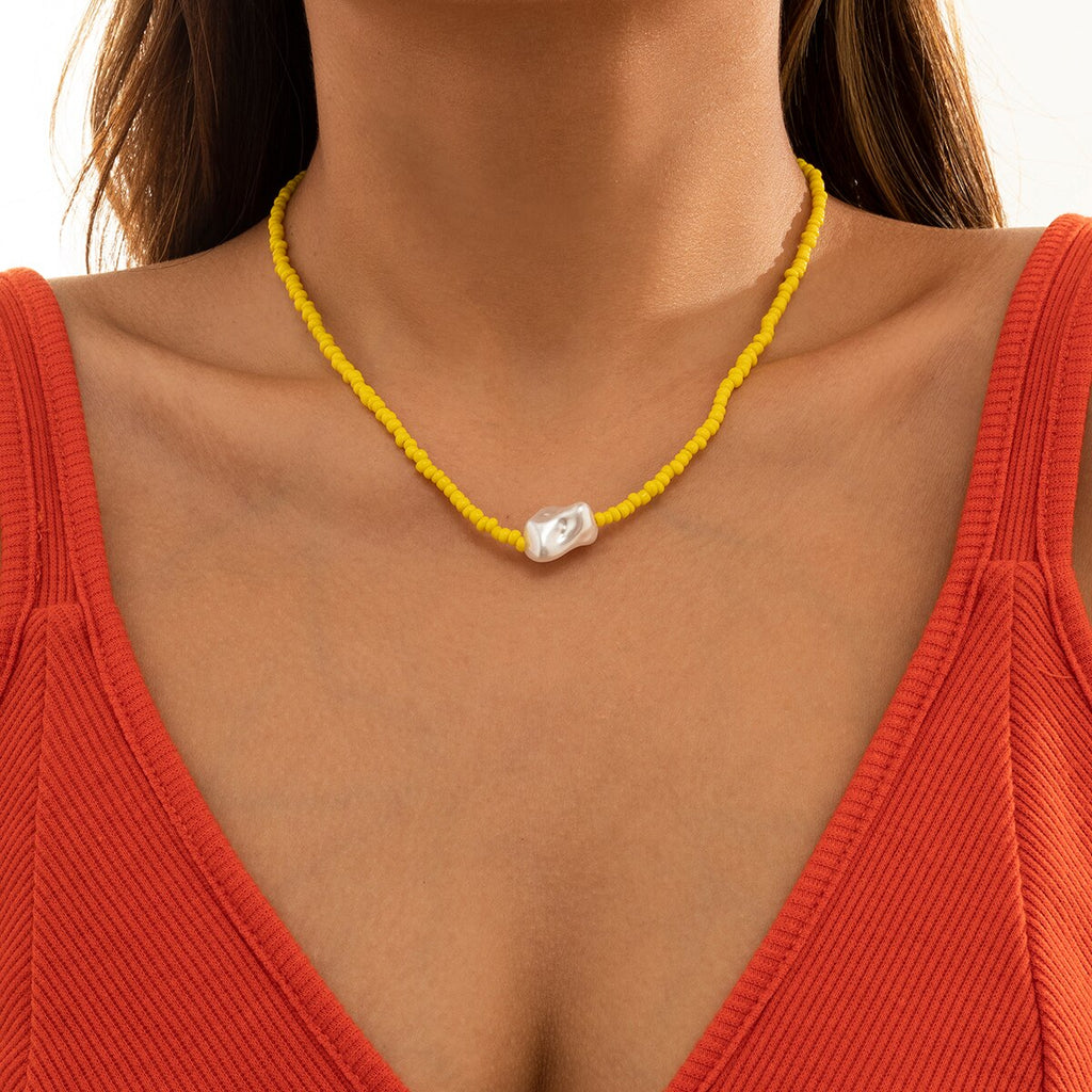 IngeSight.Z 9 Colors Rainbow Seed Beaded Short Choker Necklaces for Women Baroque Imitation Pearl Collar Necklaces Lover Jewelry