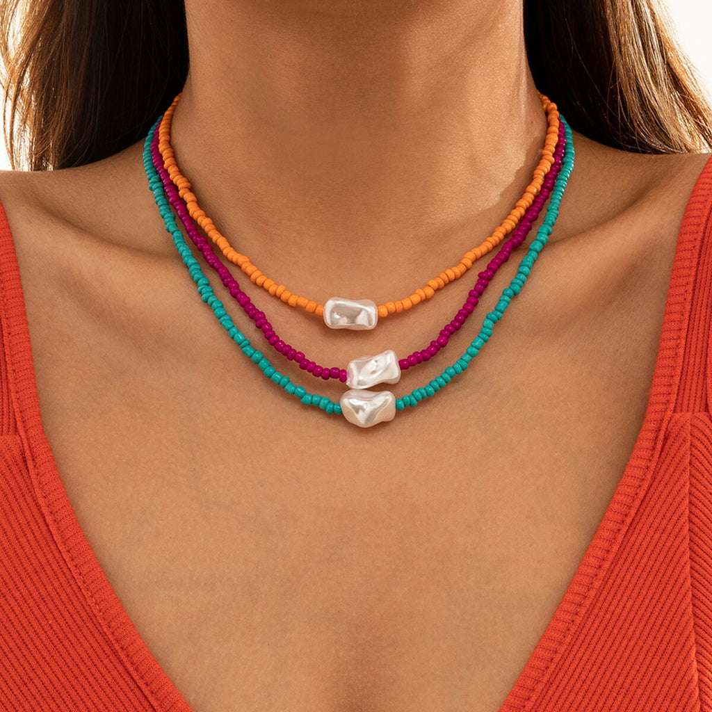 IngeSight.Z 9 Colors Rainbow Seed Beaded Short Choker Necklaces for Women Baroque Imitation Pearl Collar Necklaces Lover Jewelry