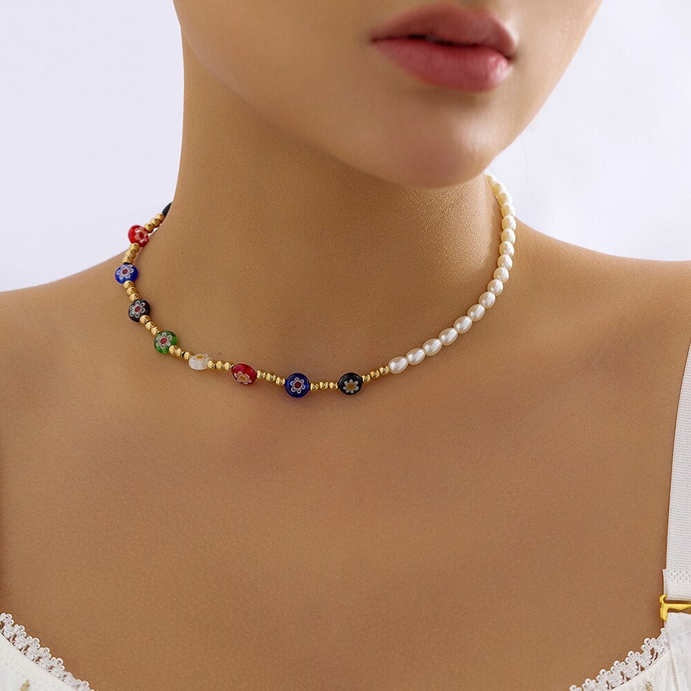 IngeSight.Z Acrylic Mixed Color Glass Flower CCB Beaded Choker Necklace for Women Imitation Pearl Chain Necklace Party Jewelry