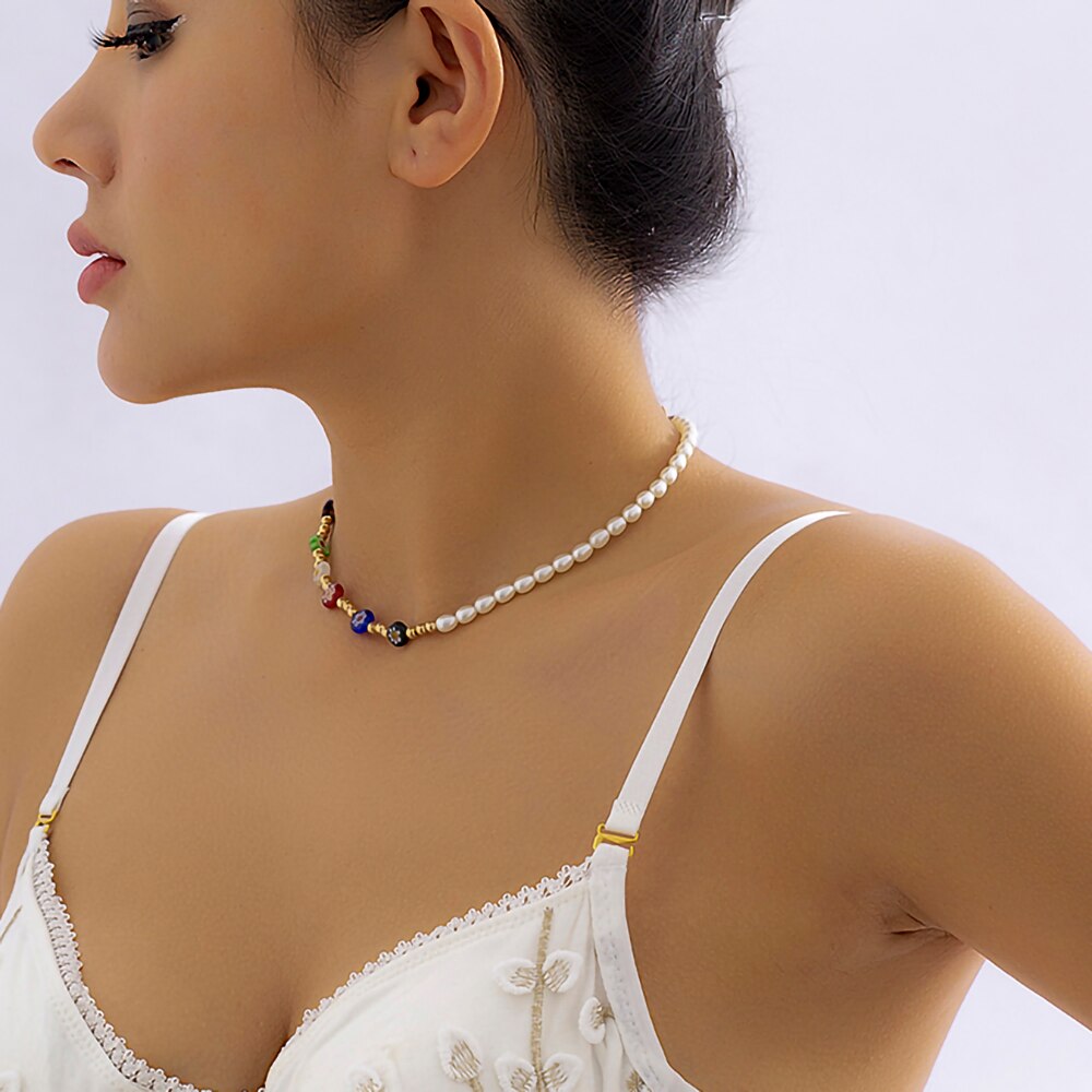 IngeSight.Z Acrylic Mixed Color Glass Flower CCB Beaded Choker Necklace for Women Imitation Pearl Chain Necklace Party Jewelry