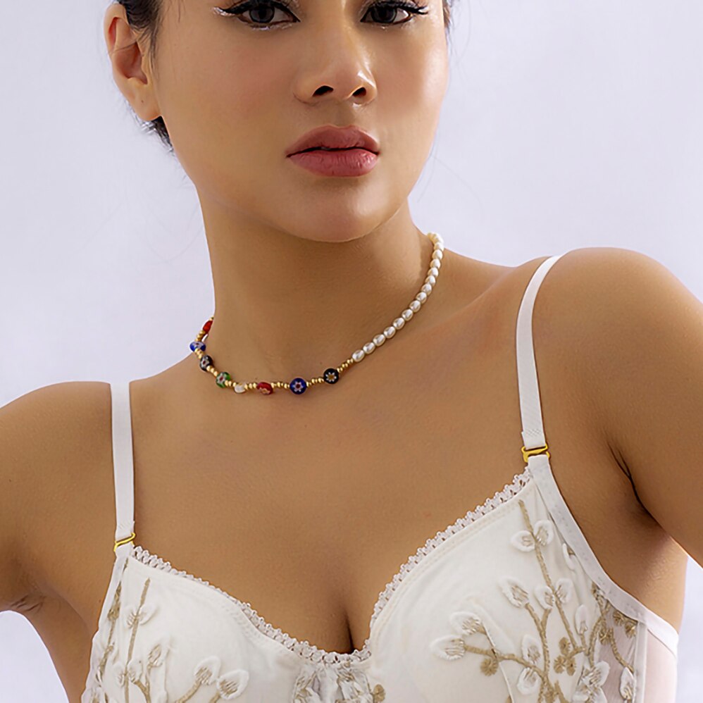 IngeSight.Z Acrylic Mixed Color Glass Flower CCB Beaded Choker Necklace for Women Imitation Pearl Chain Necklace Party Jewelry