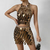 IngeSight.Z Acrylic Plastics Sequins Body Chain Skirt Sets for Women Sexy Halter Cage Chest Bra Chain Belly Chain Party Suits