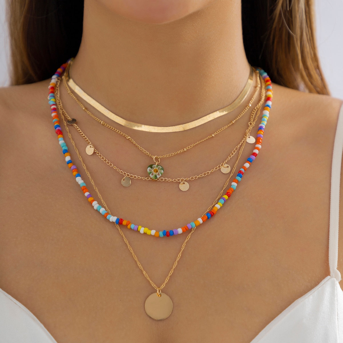 IngeSight.Z Bohemia Colorful Rice Beads Flat Snake Chain Necklace Set for Women Multi Layered Disc Pendant Necklace Jewelry Gift