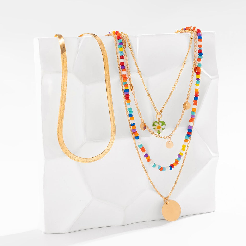 IngeSight.Z Bohemia Colorful Rice Beads Flat Snake Chain Necklace Set for Women Multi Layered Disc Pendant Necklace Jewelry Gift