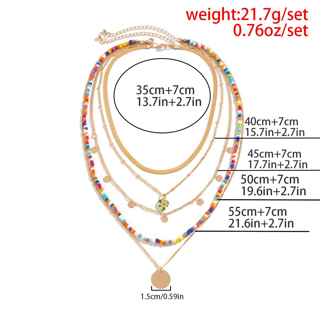 IngeSight.Z Bohemia Colorful Rice Beads Flat Snake Chain Necklace Set for Women Multi Layered Disc Pendant Necklace Jewelry Gift