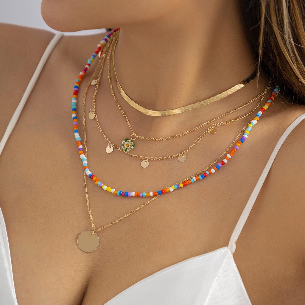 IngeSight.Z Bohemia Colorful Rice Beads Flat Snake Chain Necklace Set for Women Multi Layered Disc Pendant Necklace Jewelry Gift