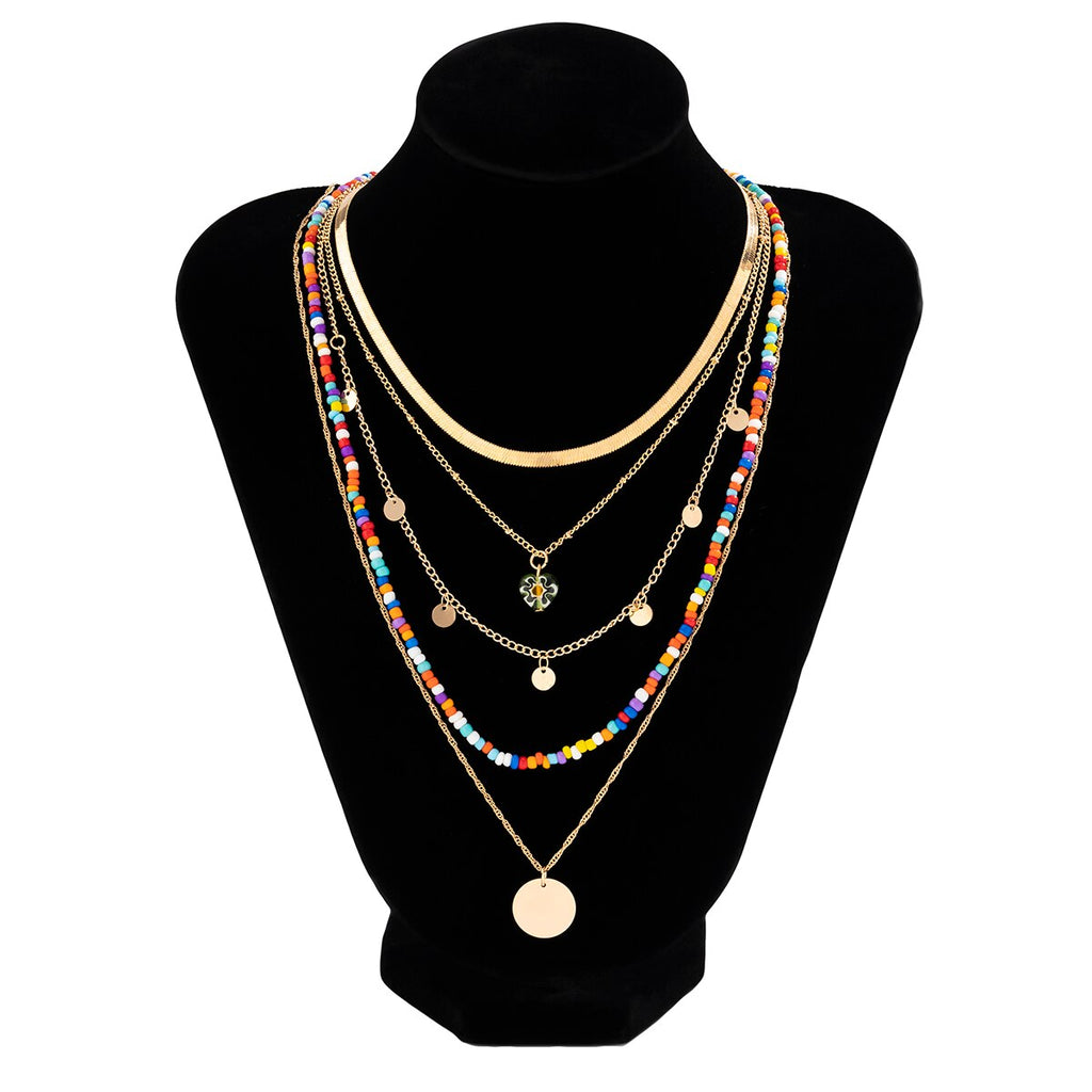 IngeSight.Z Bohemia Colorful Rice Beads Flat Snake Chain Necklace Set for Women Multi Layered Disc Pendant Necklace Jewelry Gift