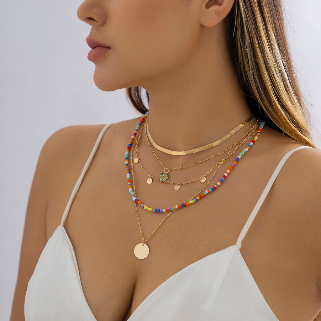 IngeSight.Z Bohemia Colorful Rice Beads Flat Snake Chain Necklace Set for Women Multi Layered Disc Pendant Necklace Jewelry Gift