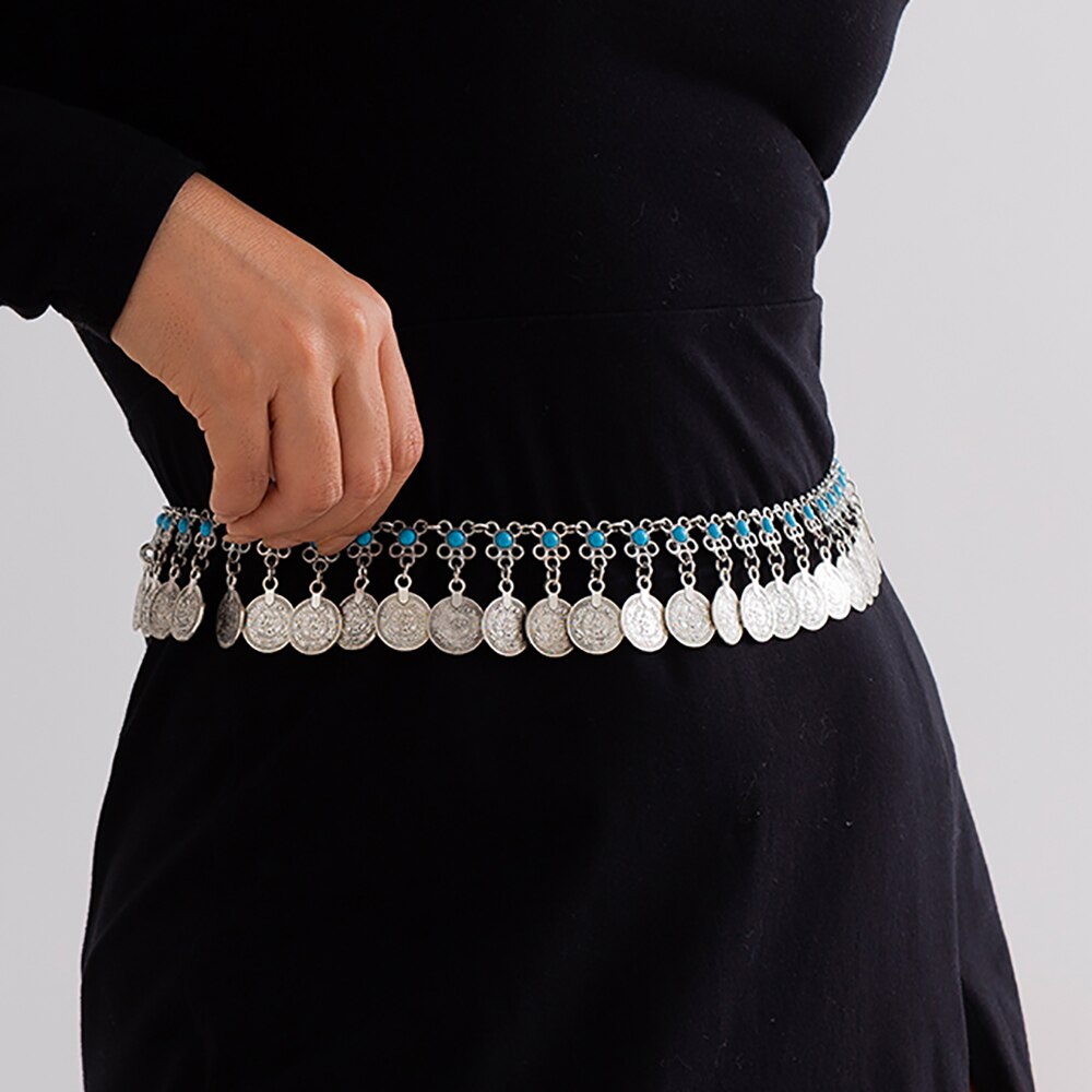 IngeSight.Z Bohemia Metal Engraving Coin Pendant Long Tassel Belly Waist Chain for Women Vintage Harness Dress Belts Waistbands