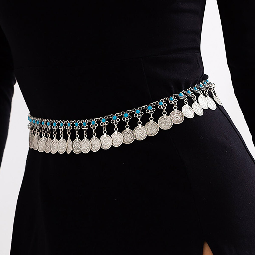 IngeSight.Z Bohemia Metal Engraving Coin Pendant Long Tassel Belly Waist Chain for Women Vintage Harness Dress Belts Waistbands