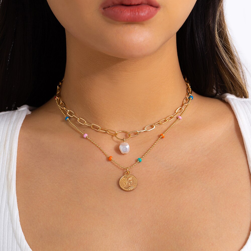 IngeSight.Z Bohemia Multi Layer Pearl Carved Coin Portrait Pendant Necklace for Women Punk Link Chain Colorful Beaded Choker