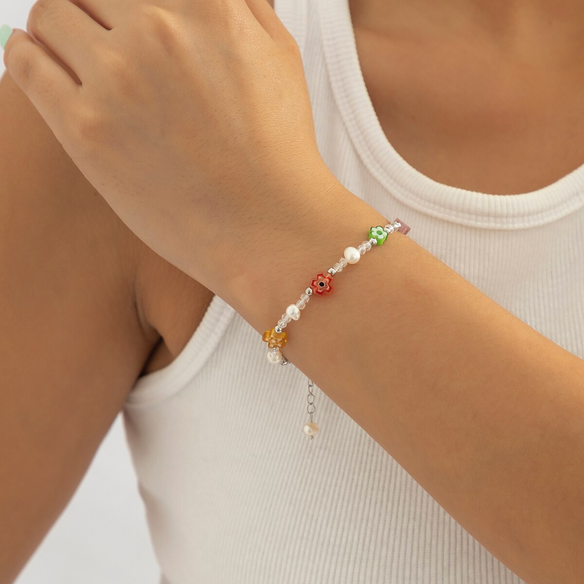 IngeSight.Z Bohemian Colorful Crystal Flower Beaded Bracelet for Women  Imitation Pearls Sweet Acrylic Y2k Bracelet 2022