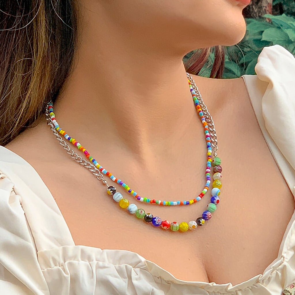 IngeSight.Z  Bohemian Colorful Glass Rice Beads Handmade Necklaces For Women MultiLayer Punk Silver Color Link Chain Choker NecK