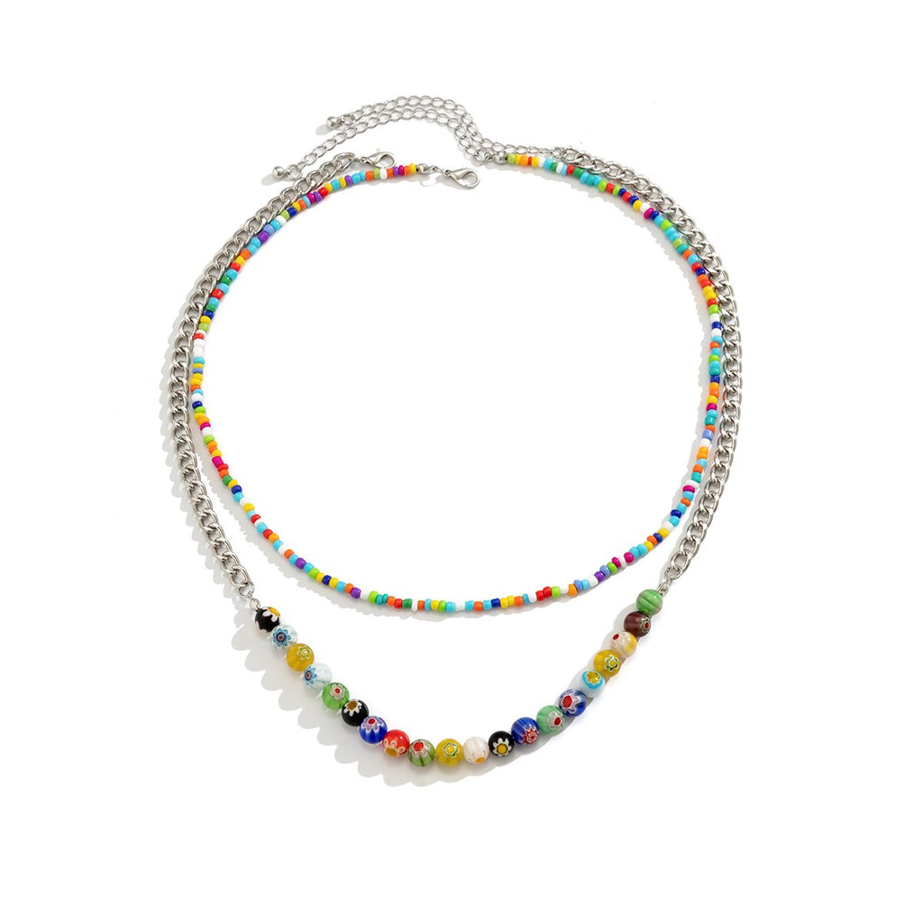 IngeSight.Z  Bohemian Colorful Glass Rice Beads Handmade Necklaces For Women MultiLayer Punk Silver Color Link Chain Choker NecK