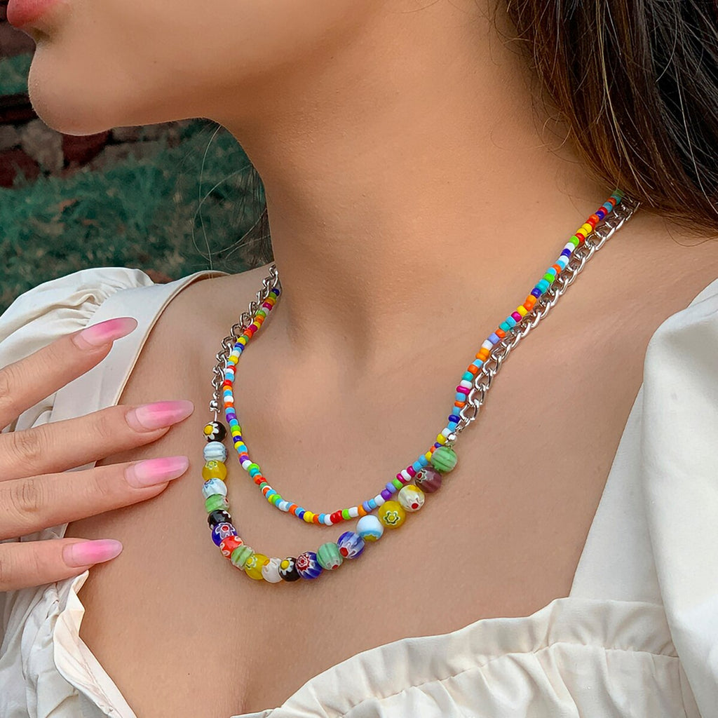 IngeSight.Z  Bohemian Colorful Glass Rice Beads Handmade Necklaces For Women MultiLayer Punk Silver Color Link Chain Choker NecK