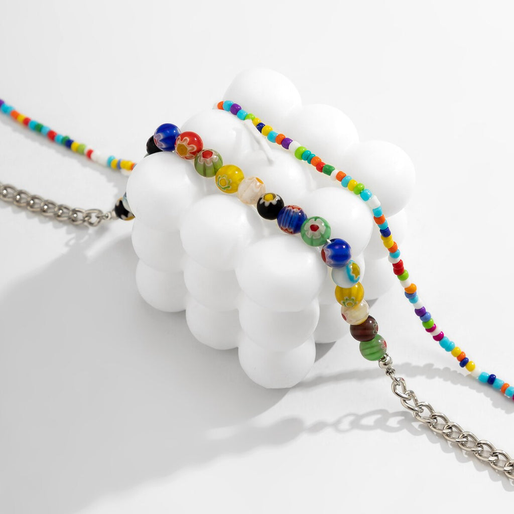 IngeSight.Z  Bohemian Colorful Glass Rice Beads Handmade Necklaces For Women MultiLayer Punk Silver Color Link Chain Choker NecK