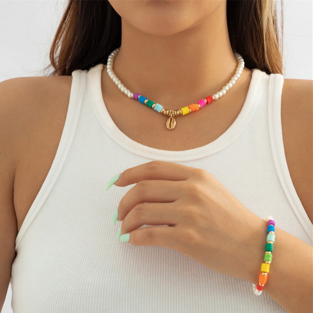 IngeSight.Z Bohemian Colorful Polymer Clay Pearls Choker Necklace For Women Gold Color Shell Pendant Neck Bracelet Set Jewelry