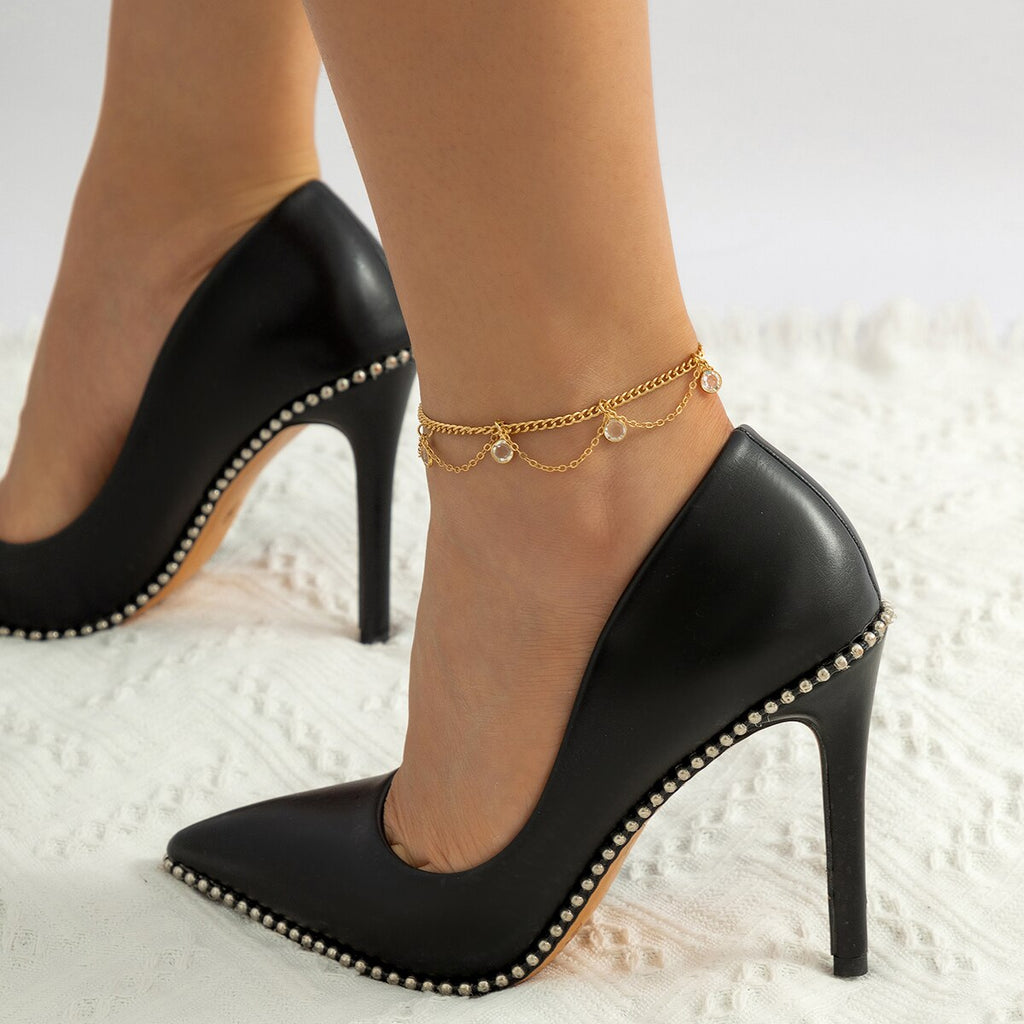 IngeSight.Z Bohemian Crystal Tassel Anklet Set For Women Gold Color Link Chain Charm Leg Bracelet High Heel Anklet Beach Jewelry