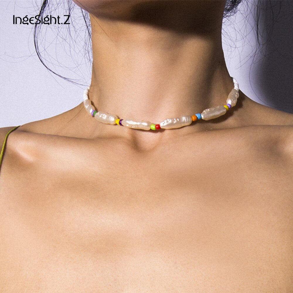 IngeSight.Z Bohemian Imitation Pearl Choker Necklace Collar for Women Statement Colorful Bead Clavicle Chain Necklace Jewelry