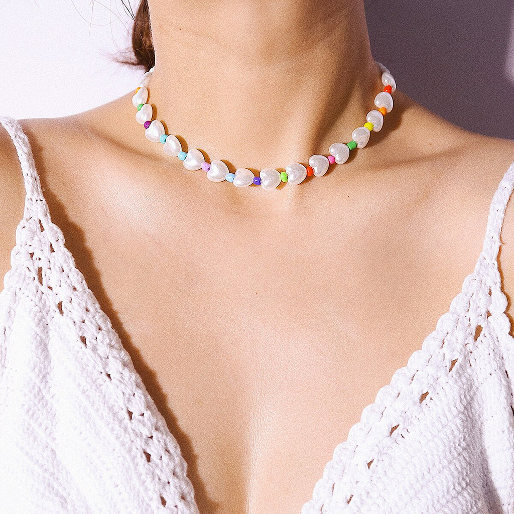 IngeSight.Z Bohemian Imitation Pearl Choker Necklace Collar for Women Statement Colorful Bead Clavicle Chain Necklace Jewelry