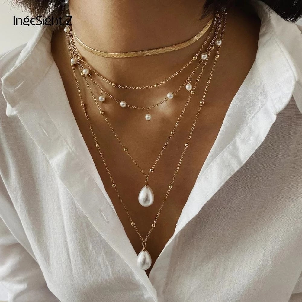 IngeSight.Z Bohemian Multi Layer Imitation Pearl Tassel Choker Necklace Collar Statement Pendant Necklace for Women Jewelry
