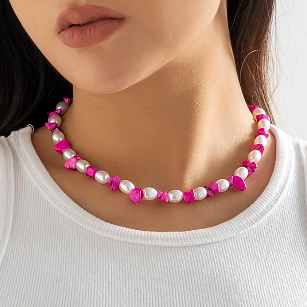IngeSight.Z Bohemian Natural Irregular Rose Red Stone Oval Pearl Necklace For Women Kpop Personality Choker Necklace Party