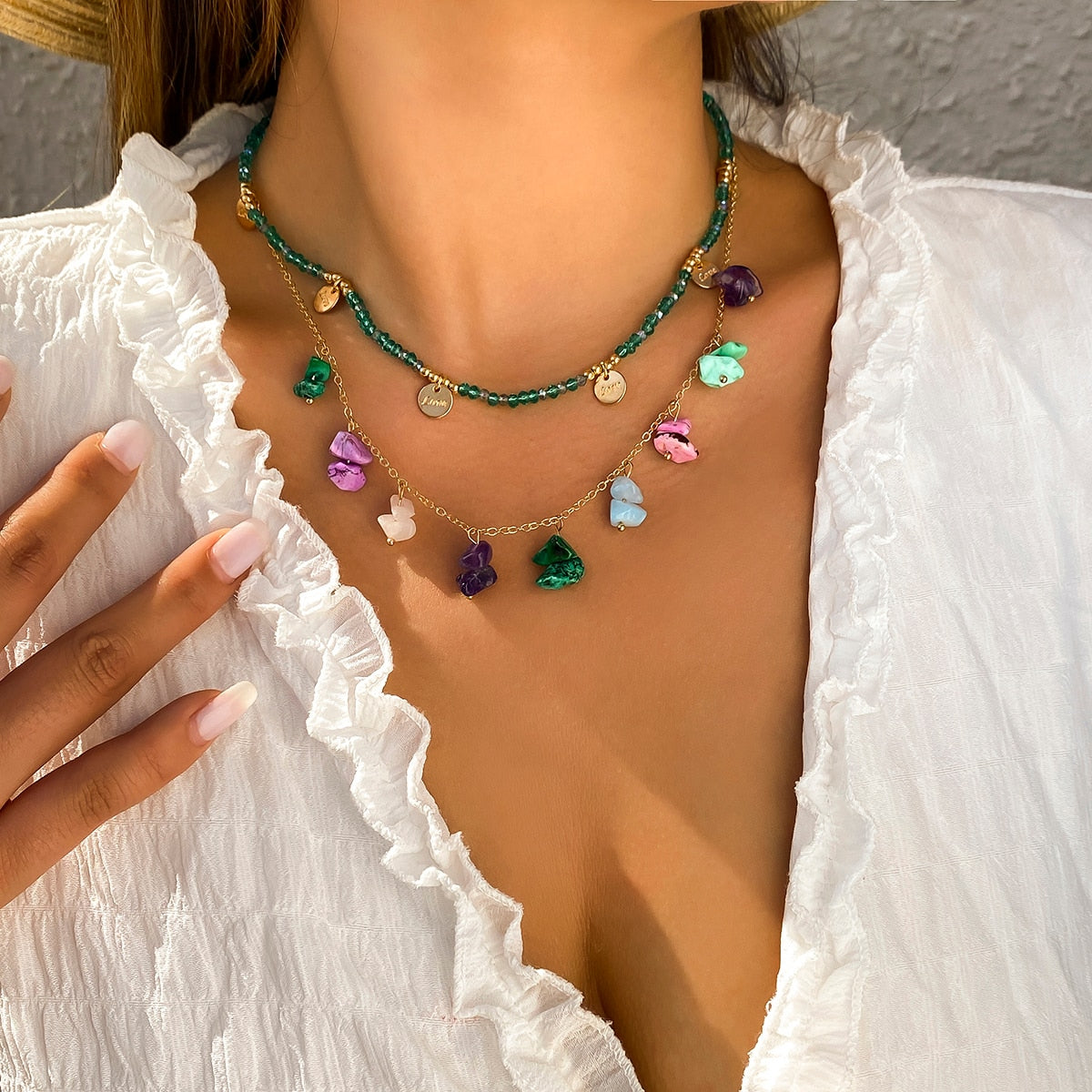 IngeSight.Z Bohemian Natural Irregular Stone Beads Pendant Necklace For Women Colorful Crystal Stone Small Disc Choker Necklaces