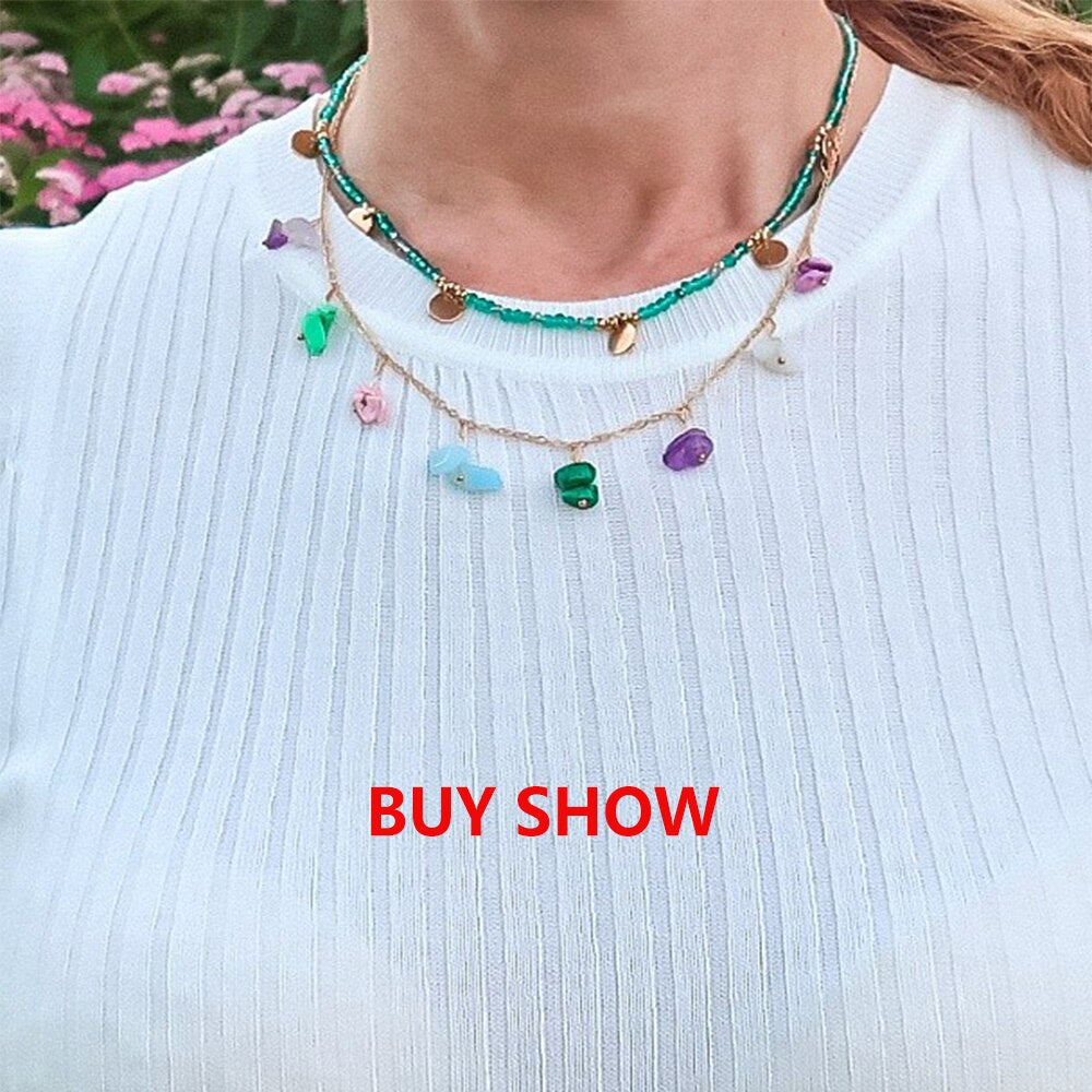 IngeSight.Z Bohemian Natural Irregular Stone Beads Pendant Necklace For Women Colorful Crystal Stone Small Disc Choker Necklaces