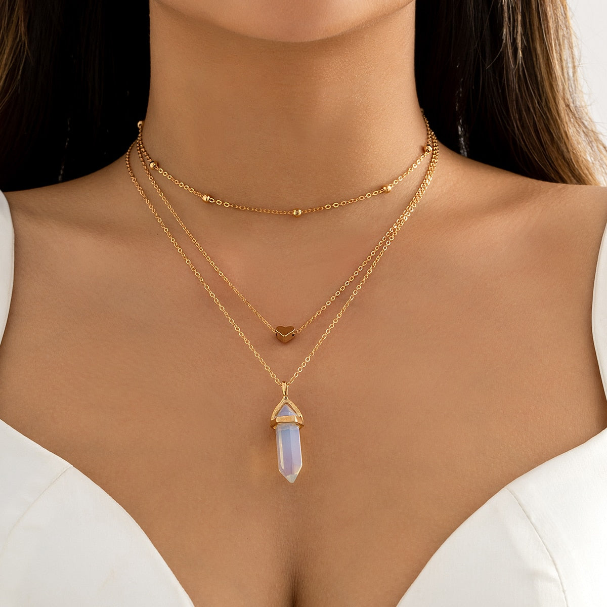 IngeSight.Z Bohemian Opal Stone Hexagonal Column Necklaces for Women Multi Layer Natural Crystal Heart Pendant Necklace Jewelry