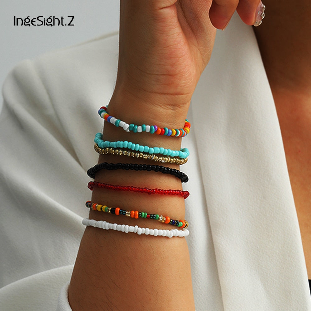IngeSight.Z Bohemian Rainbow Seed Bead Bracelets Bangles Charm Colorful Acrylic Wrist Chain Bracelets Set for Women Jewelry Gift