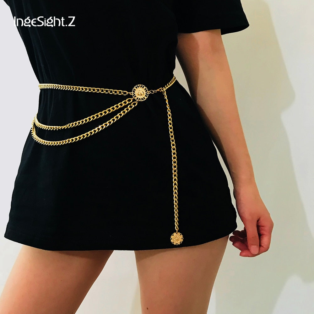 IngeSight.Z Bohemian Retro Style Multilayer Alloy Waist Chain Body Chain for Women Round Pendant Belly Chain Waist Chain Jewelry